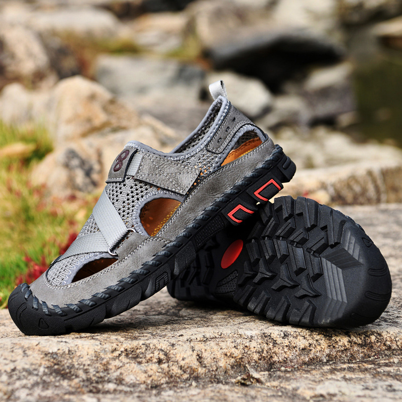 2021 New Summer Mesh Toe Leather Sandals Men's Breathable Korean Style Leg Cowhide Leather Beach Shoes Amazon Trendy