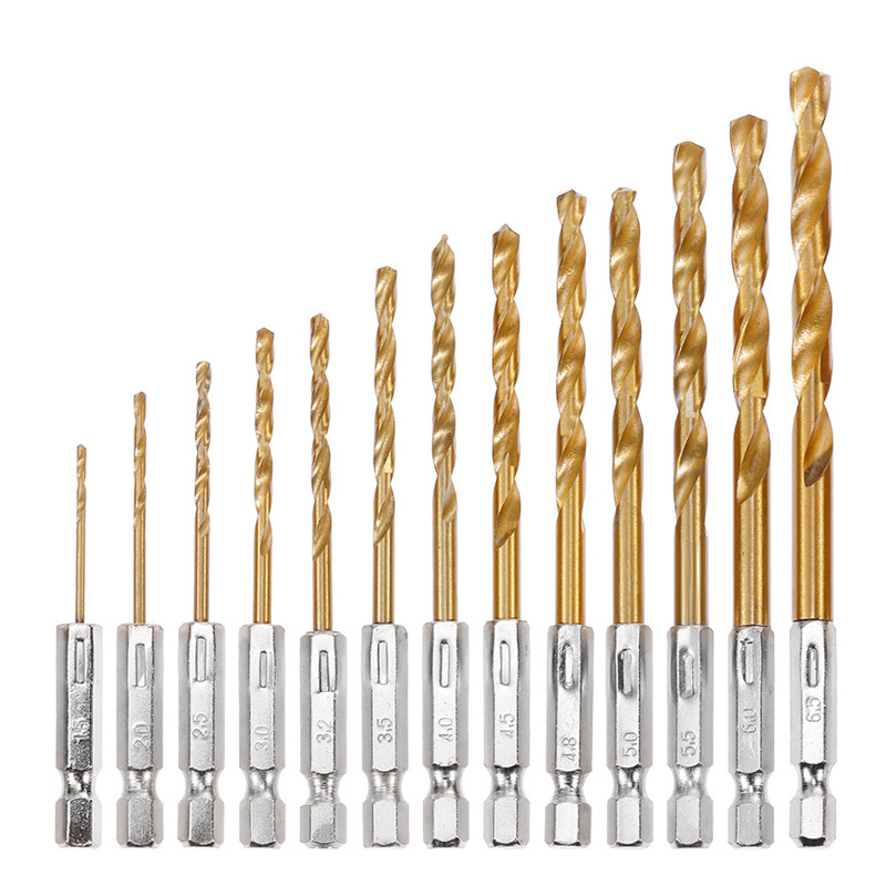 Hex shank twist drill high speed steel titanium plated 1.5-6.5mm electric drill drilling tool 13PCs twist drill set