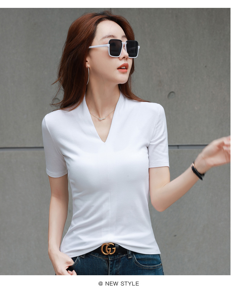 349 Summer New Deep V-neck Short-sleeved T-shirt Women's Slim-fit Slimming Sexy Fashionable Black All-match Base Shirt Trendy