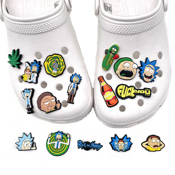 Rick and Morty Cartoon Cute Hole Shoes Shoes Flower Decorative Buckle PVC Soft Glue Funny Anime Garden Shoes Shoe Buckle