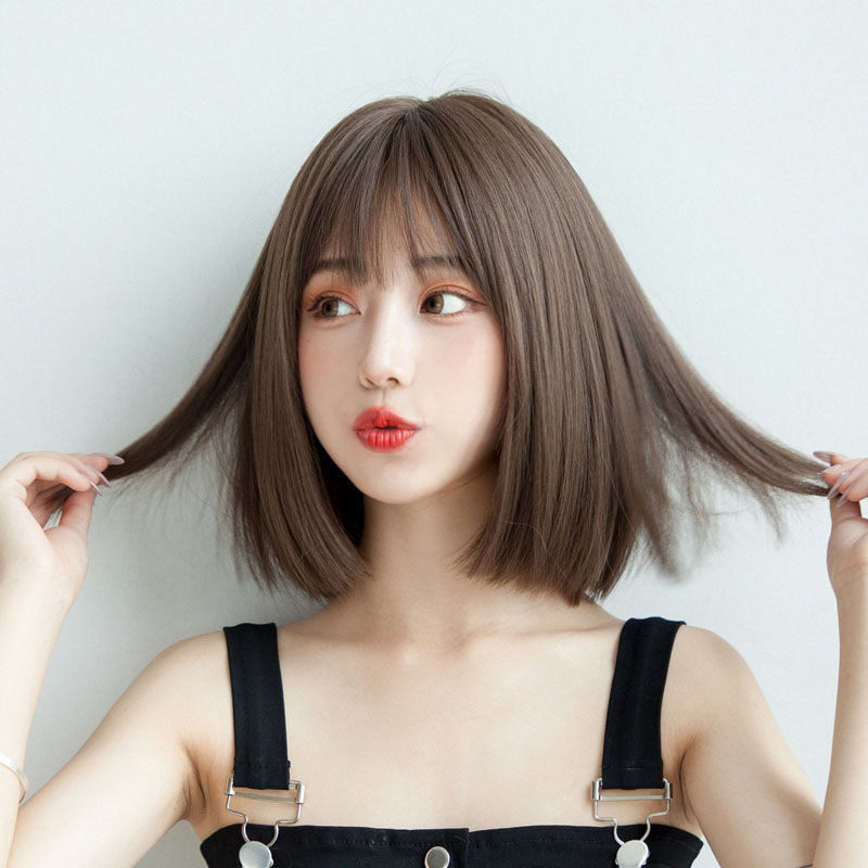 Women's Internet Celebrity bobo Head Short Straight Hair Temperament Inner Buckle Korean Style Girl's Full Head Cover Hair Set Air Bangs Fake Head Cover