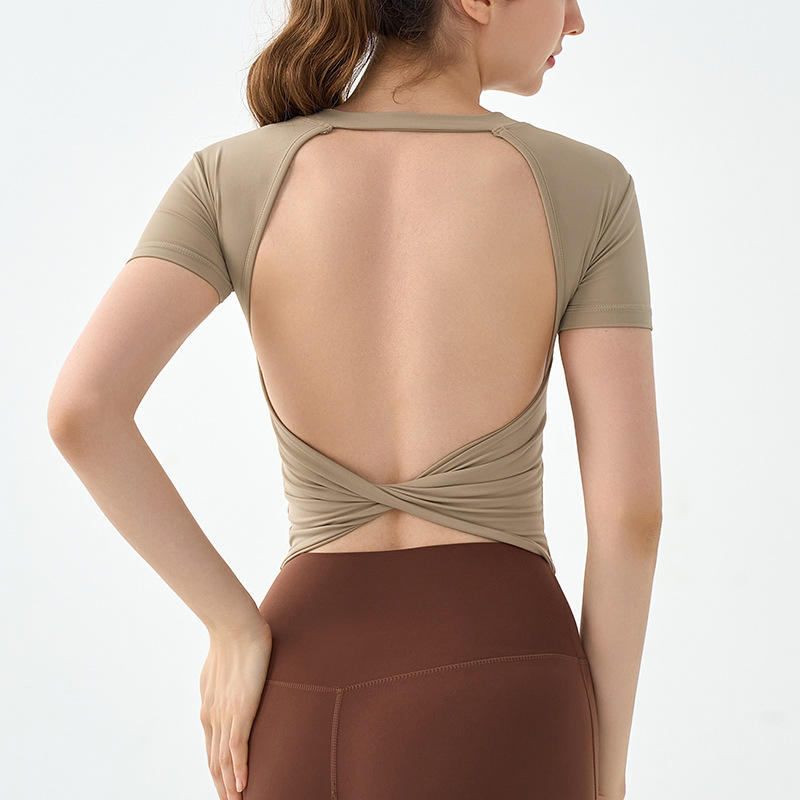 Spring and Summer Sexy Backless Yoga T-shirt Semi-fixed Chest Pad Women's Solid Color Round Neck Slim-fit Slim-fit Sports Fitness Top