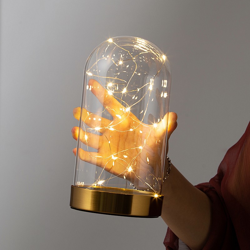 ins metal EVA buckle golden disc stainless steel base eternal flower hand-made building blocks dustproof glass cover with lamp