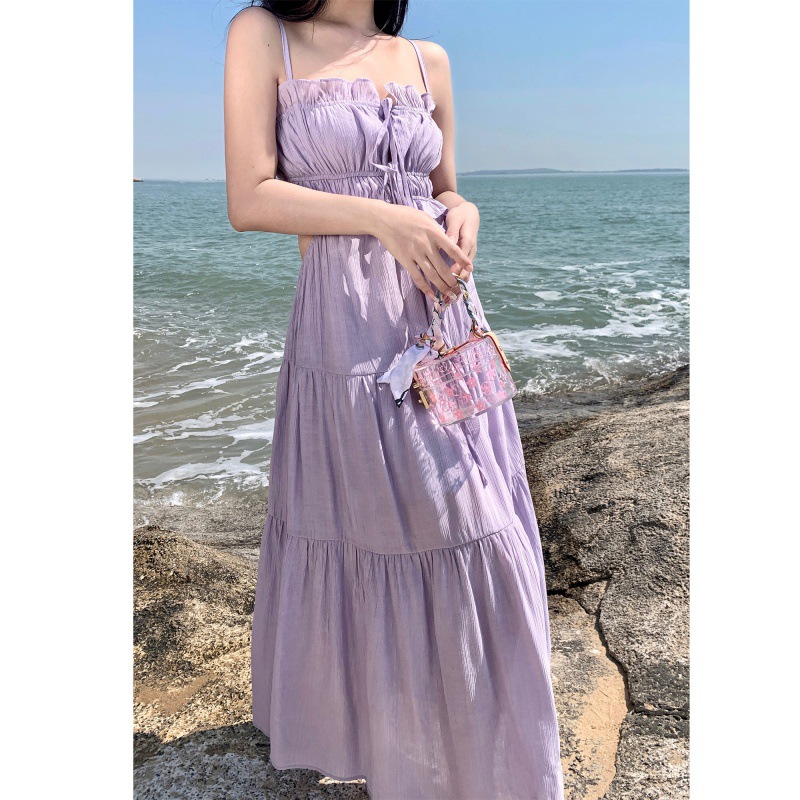 2023 Summer Fairy Vacation Style Long Dress Hole Large Skirt Open-Waist French Strap Backless Dress