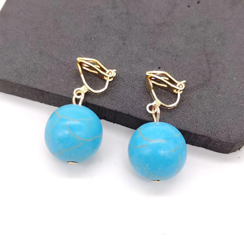 European and American cross-border children's clothing accessories, round bead ear clip earrings, retro ethnic style cracked turquoise earrings