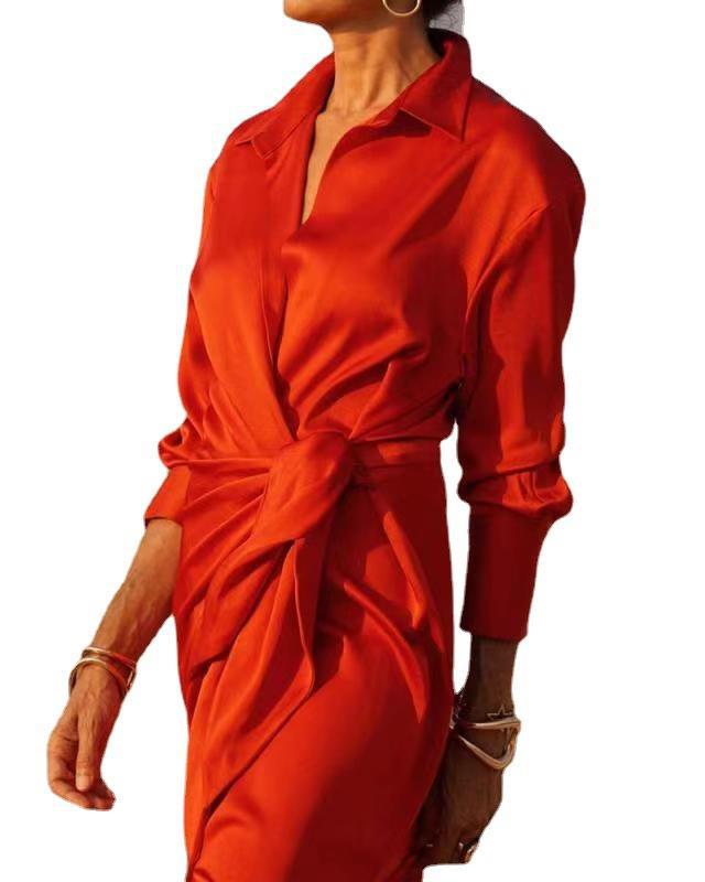 Autumn 2022 European and American New Women's Lace-up High Waist Split Floor Dress Long Sleeve Lapel Sexy Dress