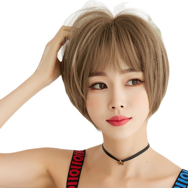 新しいショートヘアウィッグ女性のためのトレンディなボブ丸顔フルカバーヘアキャップスタイリッシュなショートブロークンエレガントなフリンジカバー|undefined