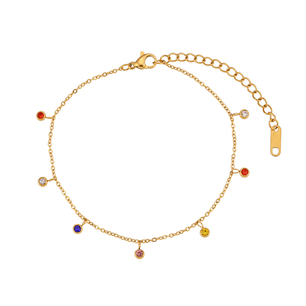 2023 new round ball color zircon foot decoration stainless steel 18K gold plated niche light luxury rhinestone pendant anklet