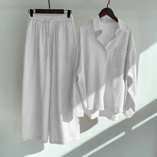 Cross-border  Women's 2-piece Vintage Plus Size 2022 Cotton and Linen Shirt Set High Waist Loose Trousers_voghion.com