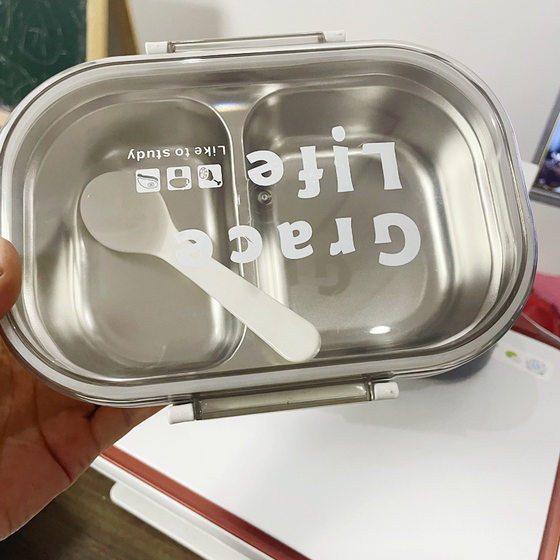 Stainless steel lunch box wholesale High-looking primary school student two-grid lunch box Korean lunch box office worker with rice with tableware