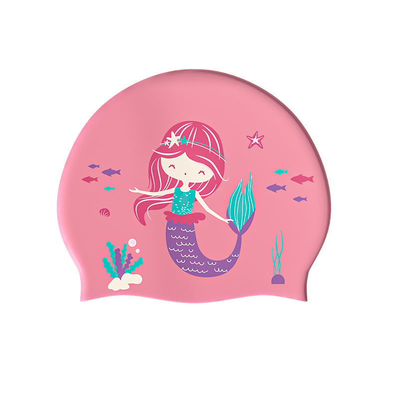 Children's Swimming Cap Mermaid Girls Cute Cartoon Silicone Waterproof Fit Professional Ear Protection Swimming Cap
