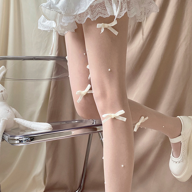 Pearl Bow Lolita White Silk Stockings Women's Summer Thin Japanese Sweet Lolita Bottoming Pantyhose_voghion.com