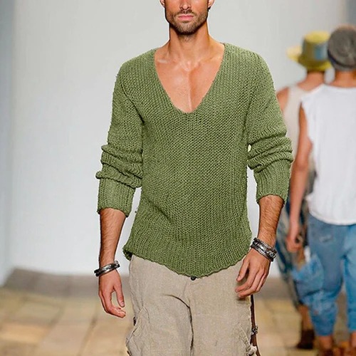 European and American Men's Long-sleeved V-neck Loose Large Size Men's Fashion Casual Solid Color Knitted Pullover Cross-border Sweater