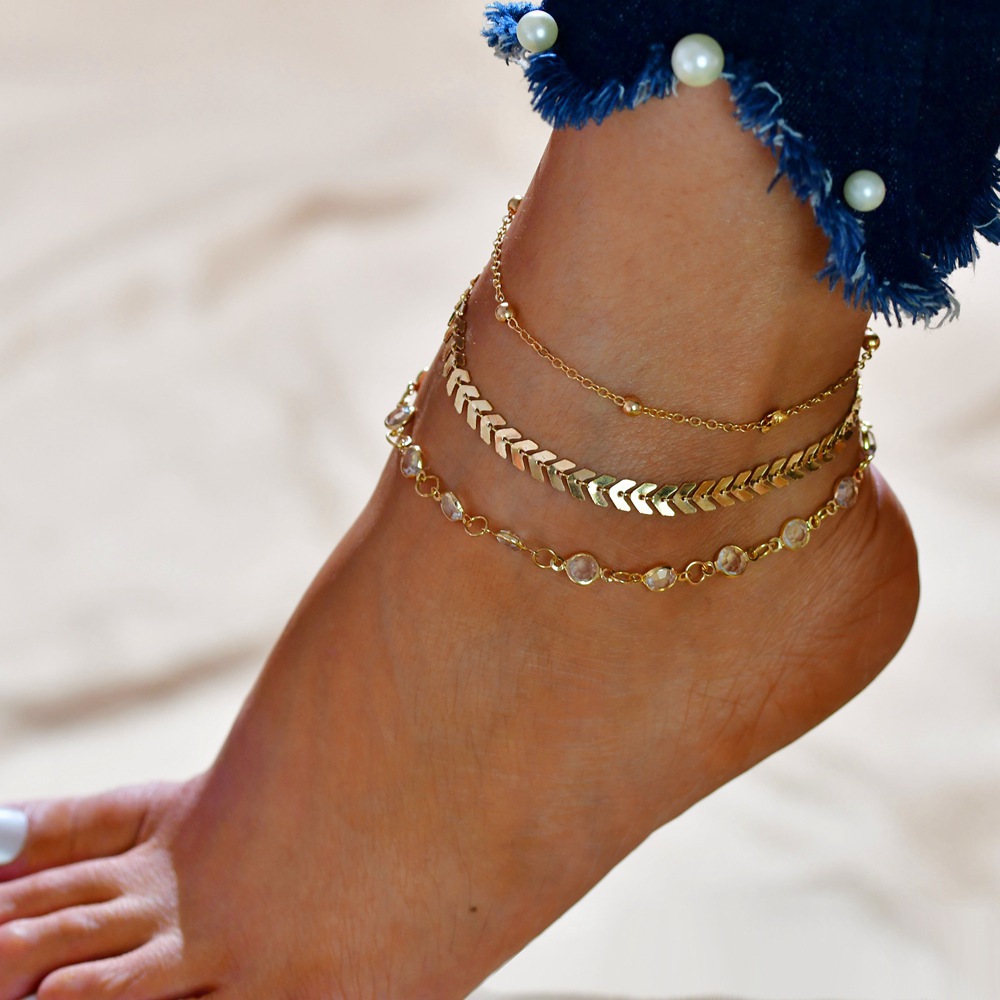 European and American Cross-border Fashion Fishbone Chain Anklet Summer Beach Anklet Women's Bead Chain Arrow Zircon Three-piece Foot Set