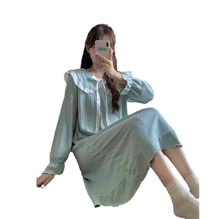 Long-sleeved pajamas new pajamas women's doll collar over the knee court fairy Korean ins style home clothes princess style women