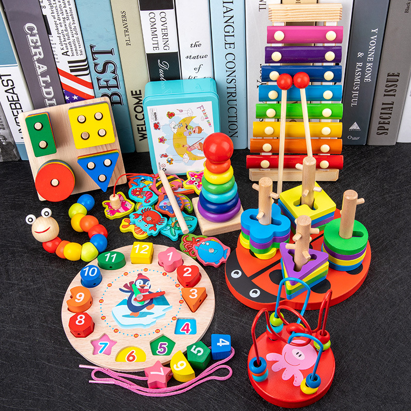 Cross-border children's eight-tone piano playing small beads rainbow tower four sets of column jigsaw puzzle twisted worm wooden small toys wholesale