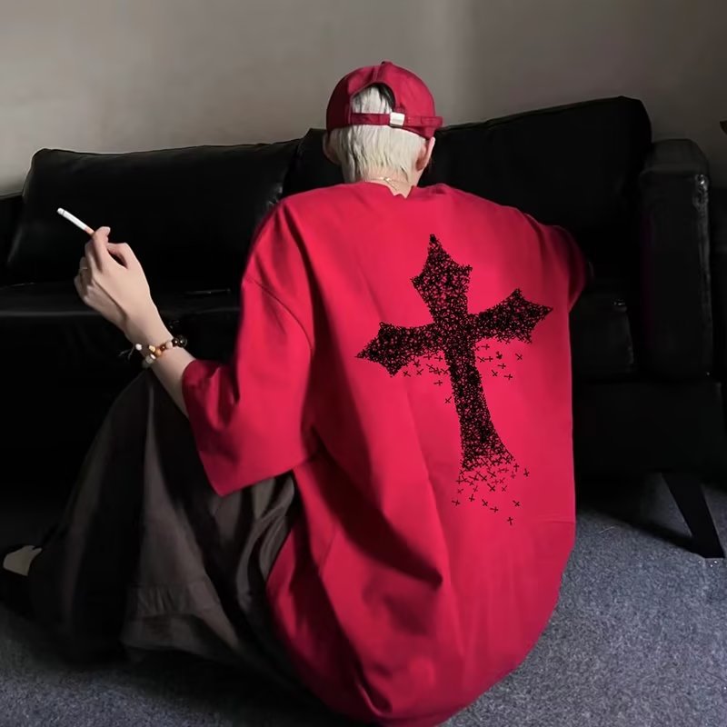 Cross American high street cotton short-sleeved T-shirt men's summer fashion brand trendy Ruan Shuai wine red half-sleeved T-shirt