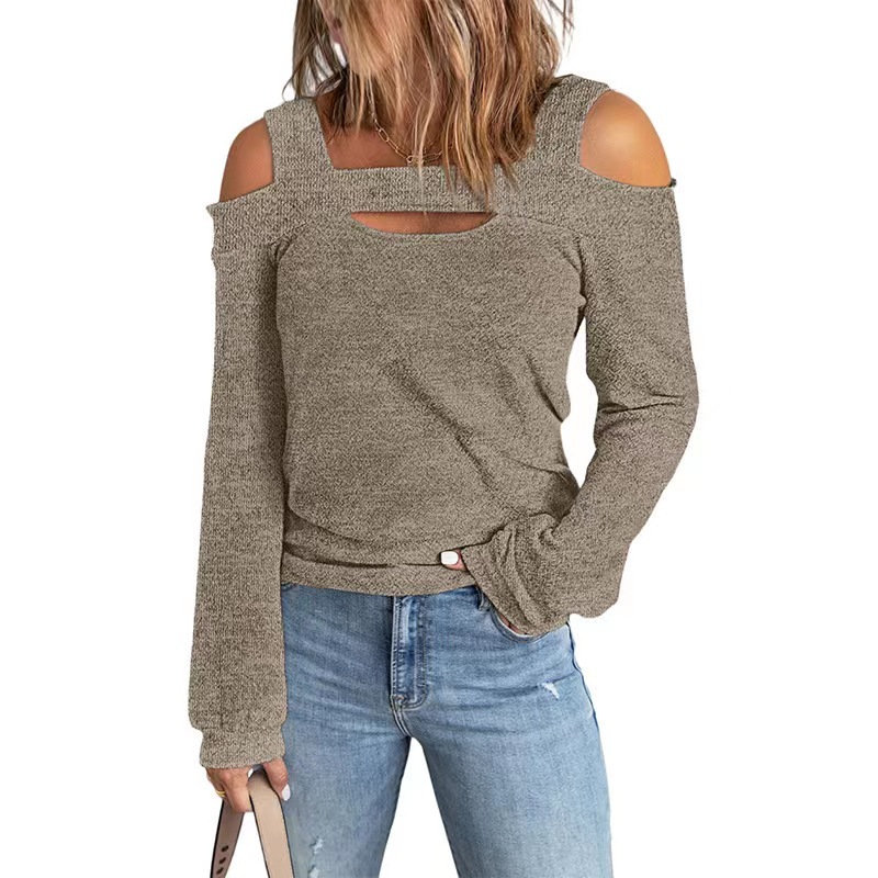 Autumn and Winter 2022 Europe and America Cross-border Amazon wish Women's Fashion Casual Solid Color Shoulder Loose Long Sleeve T-shirt for Women