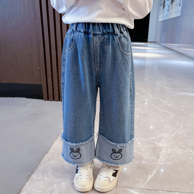 2024 New Spring Girls' Pants Stylisch Outfit Girls' Baby Fried Street Spring and Autumn Children's Jeans Wide Leg Pants