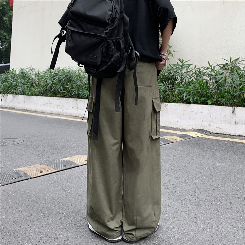 Japanese Style Retro Pants Men's Solid Color Wide-Leg Washed Cotton Overalls Trendy Brand Straight Loose Casual Pants for Men and Women