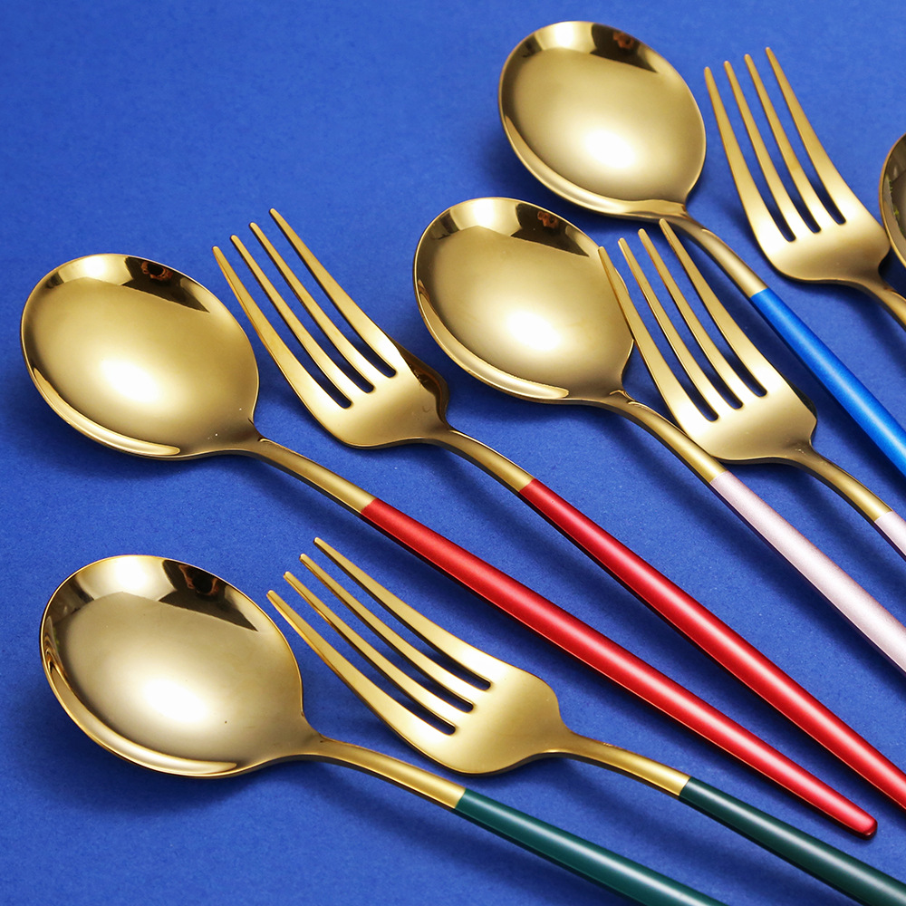 Portugal 304 stainless steel knife, fork and spoon chopsticks Internet celebrity Green Gold Fork chopsticks Western steak knife and fork dessert tableware