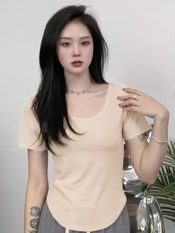 Thread Cotton Spice Girls Pure Desire Short-sleeved T-shirt Women's 2023 Summer New Slim-fit Slimming Base Shirt Elegant Top