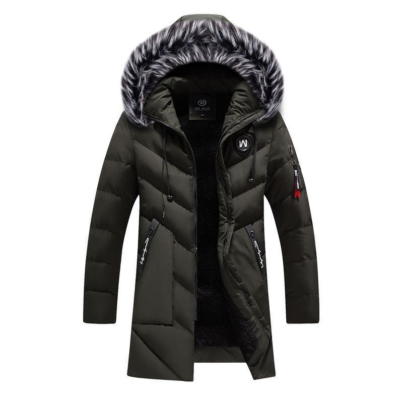 Winter Hooded New Men's Mid-length Cotton-padded Jacket Cross-border E-commerce Solid Color fleece-lined Thickened Slim-fit Cotton-padded Jacket for Men
