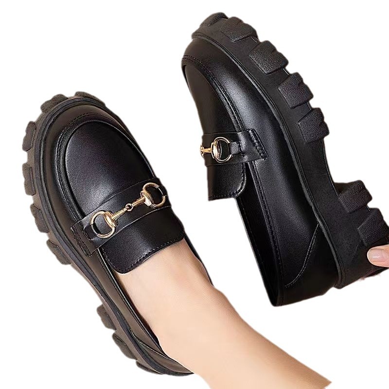 Small Leather Shoes Women's Style Black Single-layer Shoes Thick-soled One-step Loafers Shows High Student Women's Platform Shoes