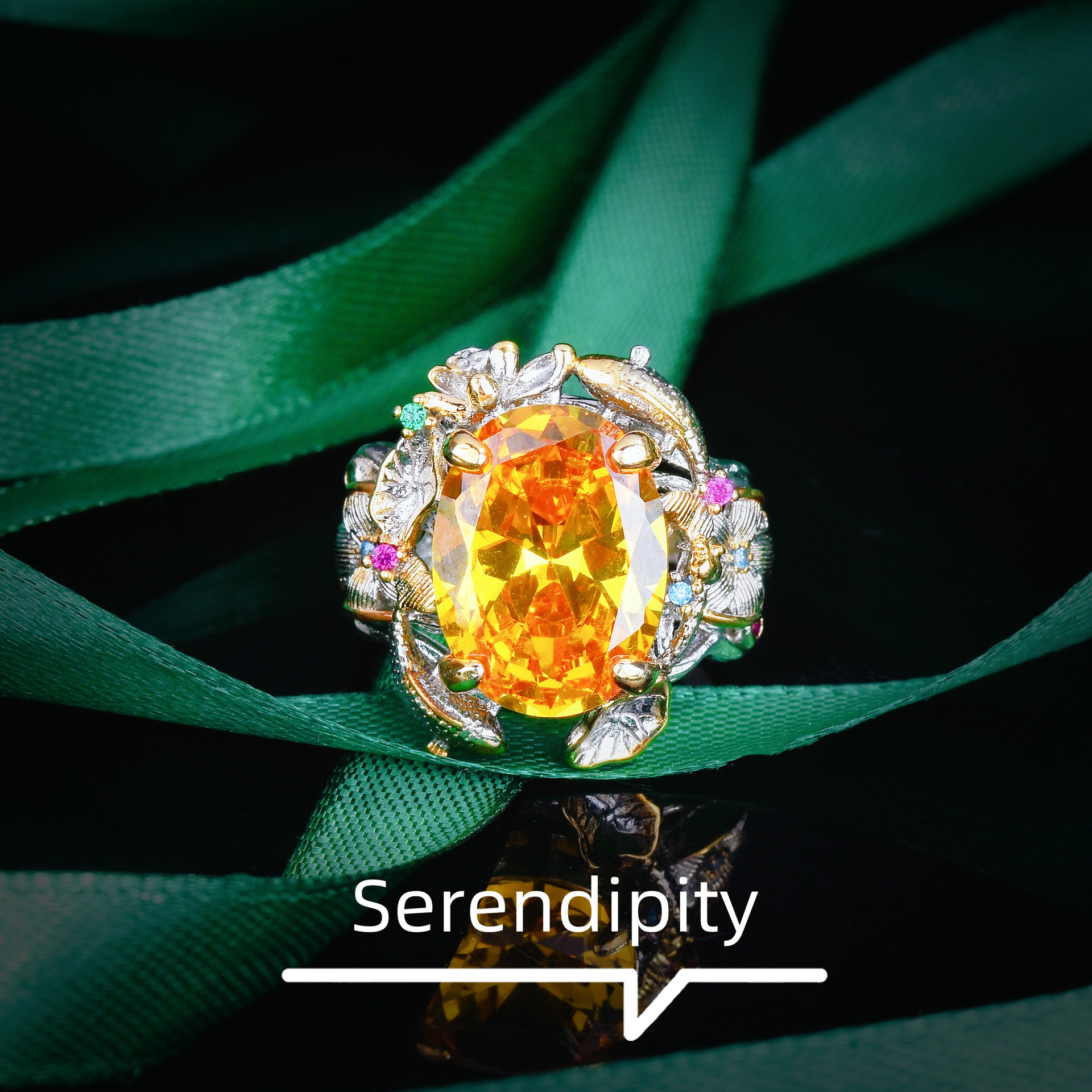 Italian Vintage Court Style Pisces Play Lotus suit Brilliant Yellow Diamond Lotus Leaf Pendant Earrings Open Ring