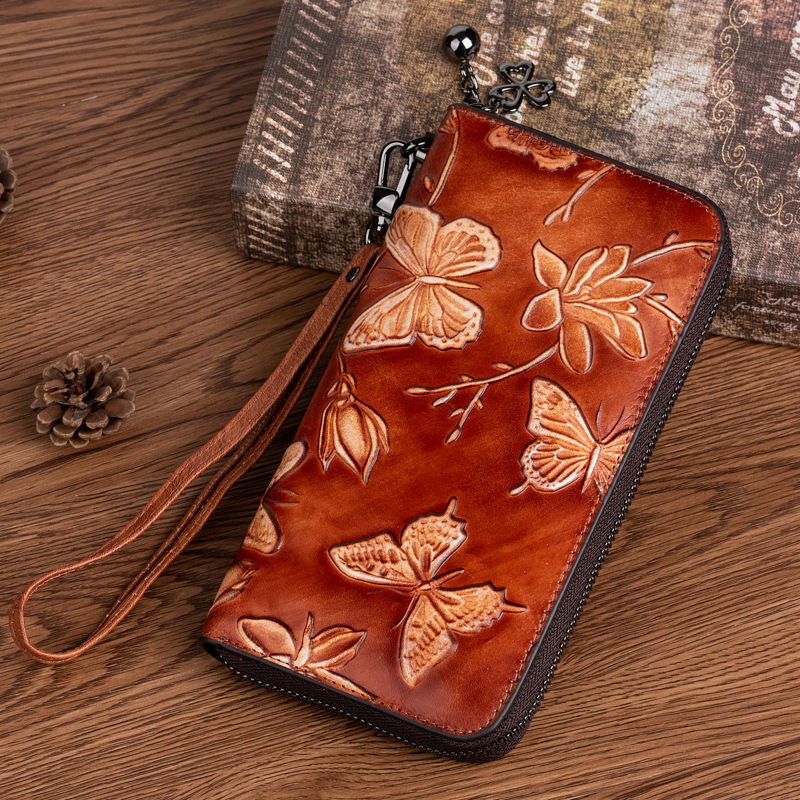 2023 new first layer cowhide handbag Women's Chinese style embossed brushed long wallet fashion retro clutch