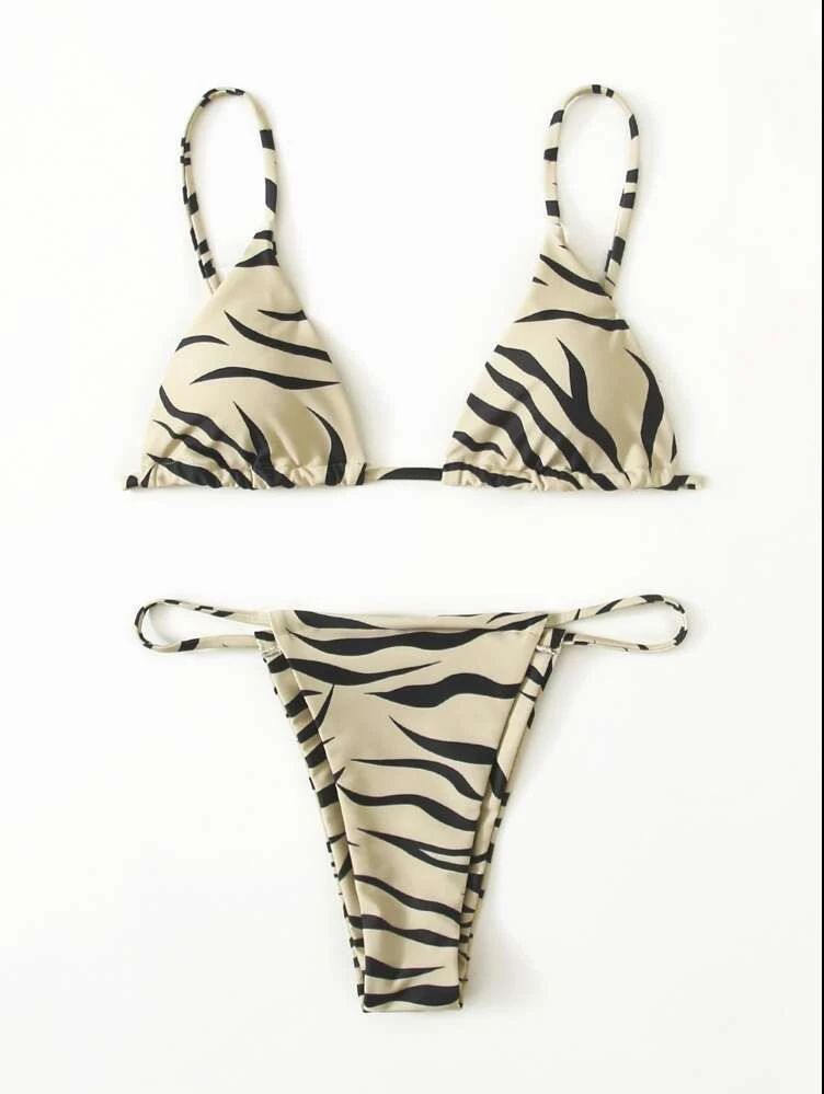 European and American Sexy Triangle Split bikini Swimsuit Cross-border Foreign Trade Striped Printed Drawstring Women's bikini Swimsuit