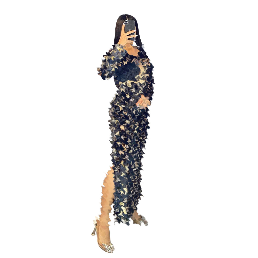 Y71369 European and American women's clothing party casual fashion printed split soft warm Korean velvet winter long sleeve dress