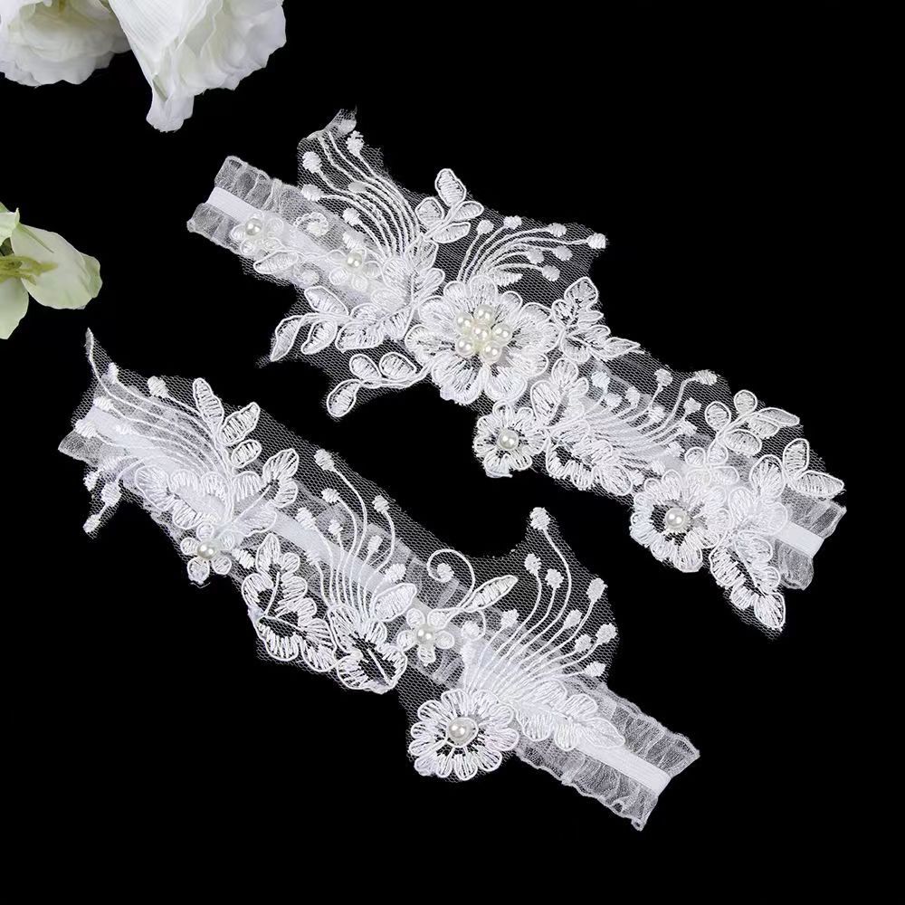 European and American bridal lace stockings with blue pearl garter sexy elastic leg ring wedding garter factory