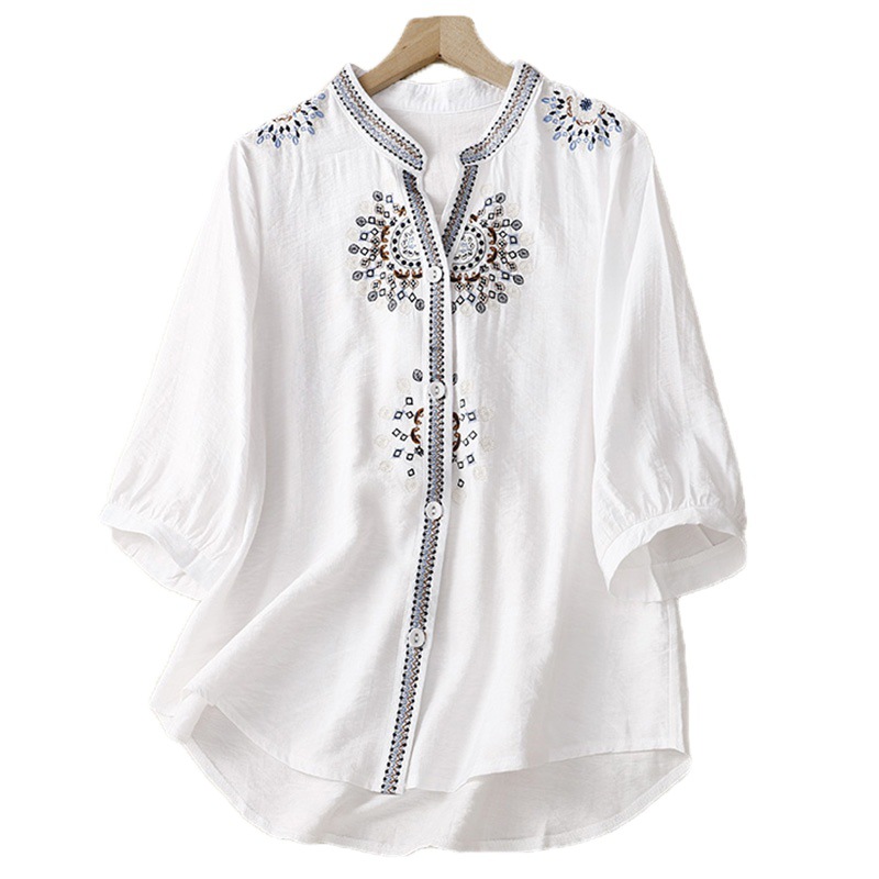 Real shot early summer 2023 retro art cotton and linen Chinese embroidery striped seven sleeve shirt collar embroidered top