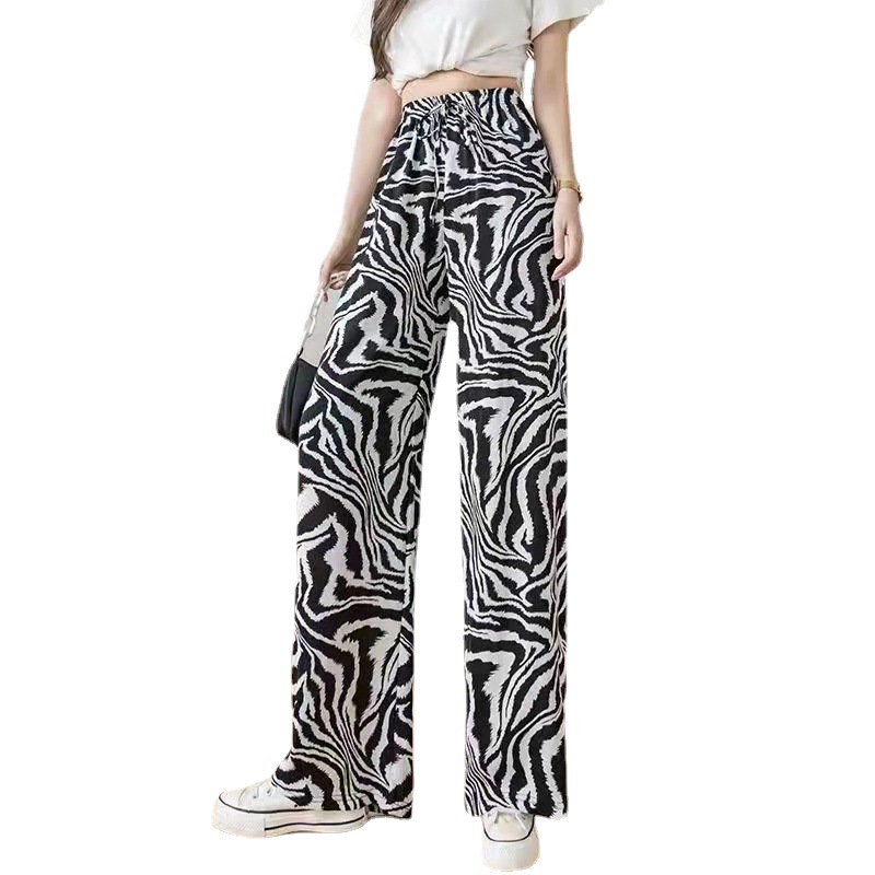 Ink Painting Tie-Dye Pants Women's Summer Thin High Waist Draping Straight Leg Pants Casual Pants Ice Silk Wide Leg Pants