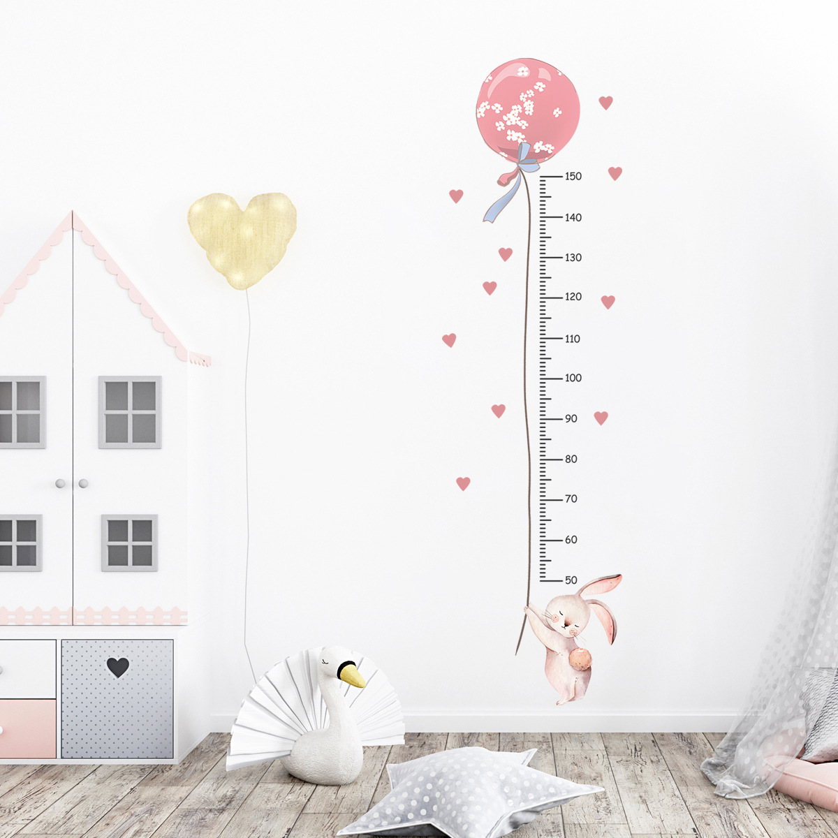 Cartoon rabbit pink balloon height measurement wall sticker self-adhesive children's room decoration wall sticker BR66531