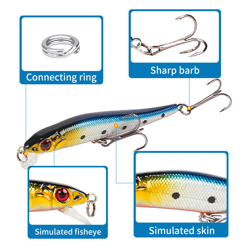 8-color classic floating Luya bait 10.7cm6g with sound beads + strengthen three hooks attack crosshead bass simulation fake bait