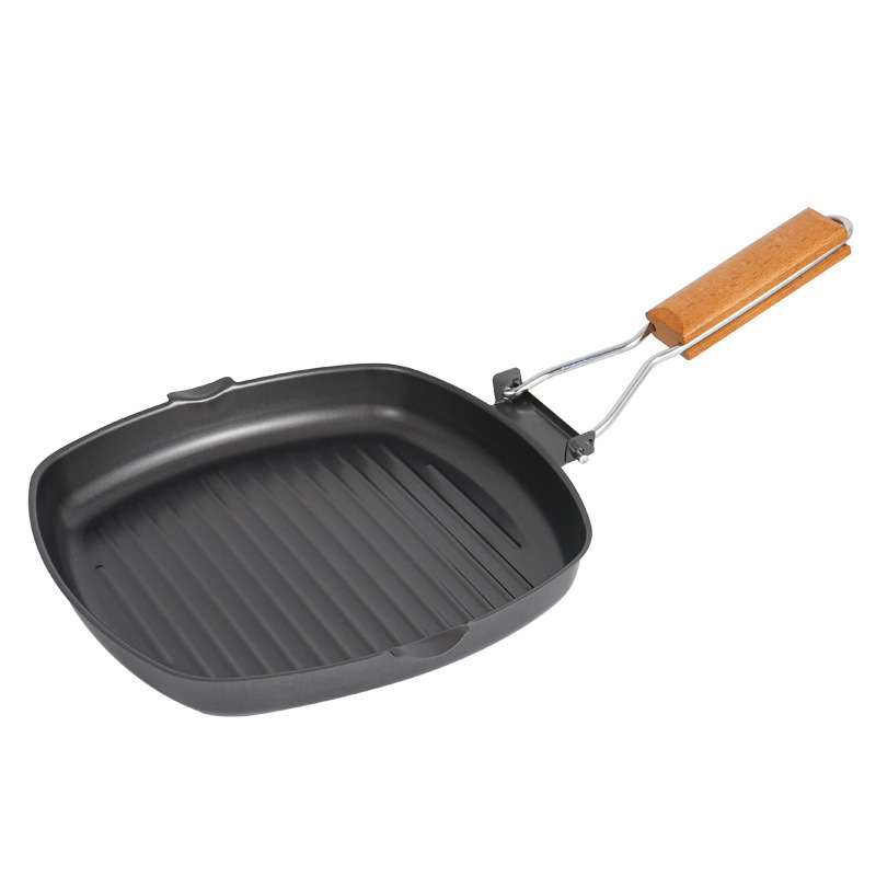 Outdoor Barbecue Pan for Picnic Foldable Portable Pan Frying Pan Cast Iron Pan Baking Pan Anti-scalding Wooden Handle Double Mouth Deep Steak Pan
