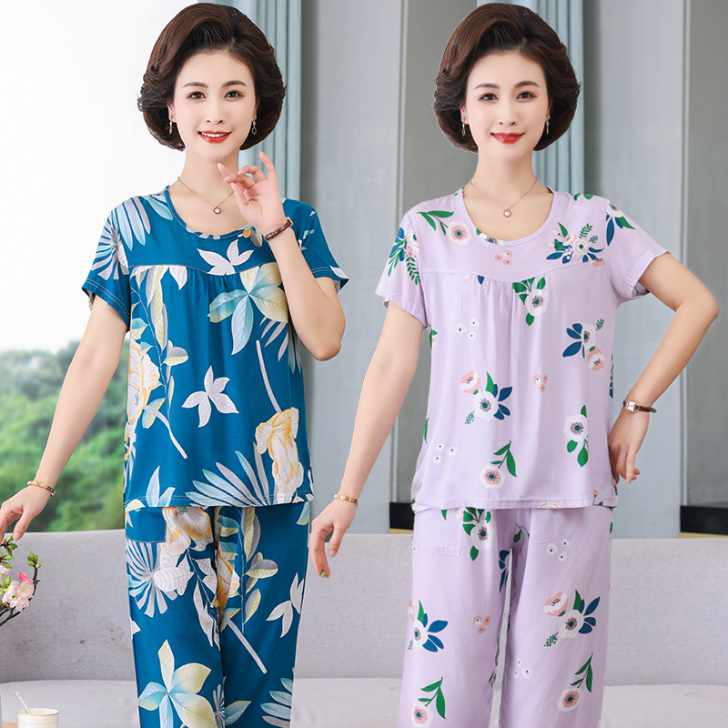 Mom Pajamas Spring and Autumn Women's Middle-aged and Elderly Short-sleeved Suit Cotton Silk Home Clothes Artificial Cotton Women's Casual Large Size Summer