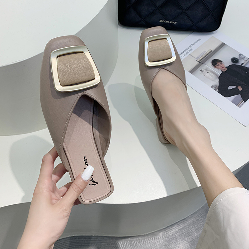 Half Slippers Women's 2023 New Fashionable Square Buckle Thick Soft-soled Sandals with Non-slip Outer Wear Height Increasing Plastic Comfortable Sandals