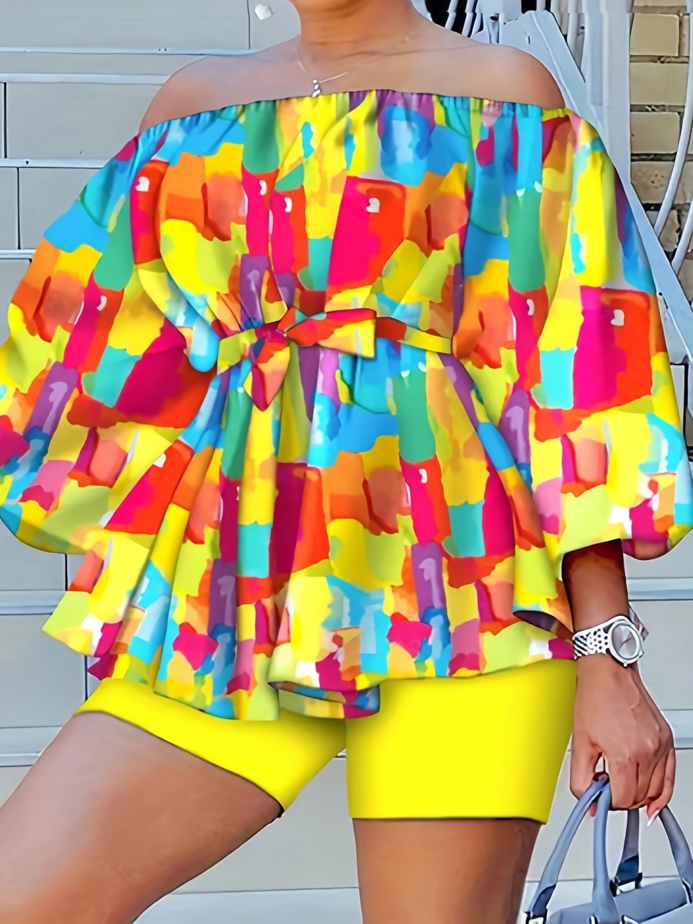P390499 Cross-border Wholesale Women's Fashion Casual Large Size Printed Round Neck Mid-sleeve Shorts Set Women