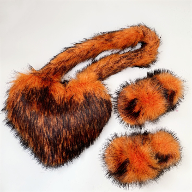 Foreign Trade New European and American Crossbody Love Bag Slippers Set Imitation Raccoon Fur Plush Shell Bag Home Shoes
