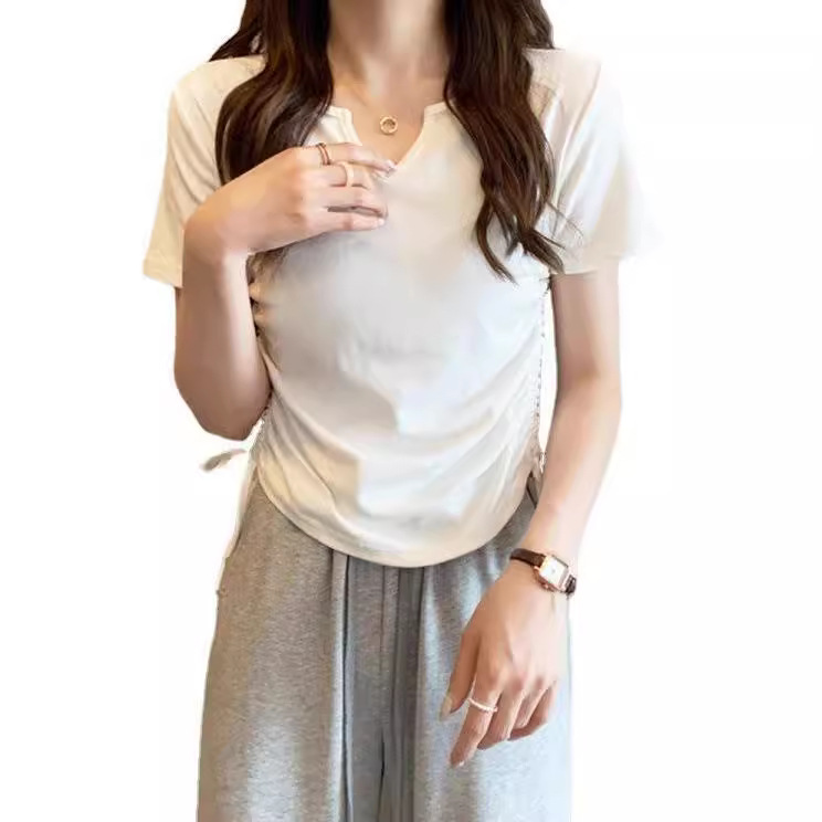 Design sense V-neck drawstring slim-fit pure desire style short-sleeved T-shirt women's clothing 2023 Summer new Pure Color student shirt fashion