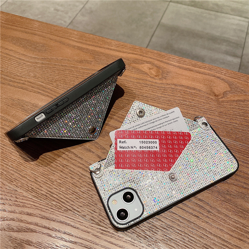 Card Holder card envelope iphone13 mobile phone case creative flash Diamond crossbody rope iphone14 mobile phone case applicable