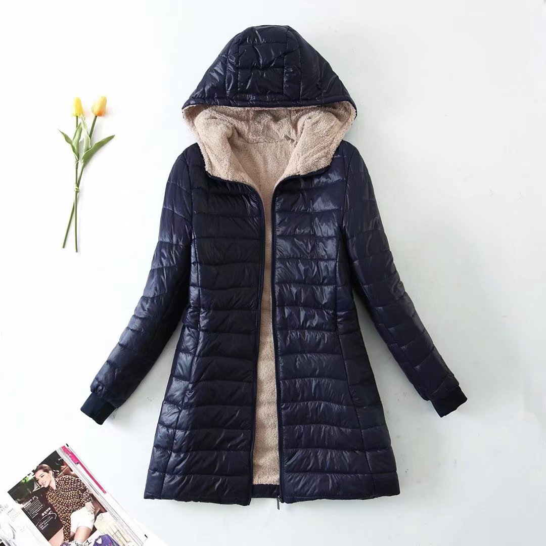 Autumn and winter New European and American AliExpress lamb fleece mid-length warm hooded cotton-padded jacket women's top plus size cotton-padded jacket