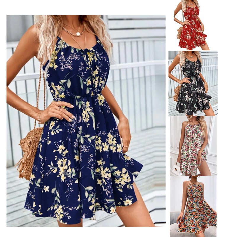 2025 European and American Amazon Summer New Elegant Sleeveless dress Pullover Printed Spring Waist Strap Skirt for Women