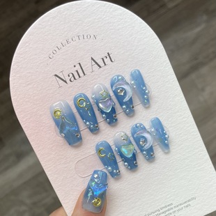 [Mermaid Ji] Pure hand-worn armor blue ice through three-dimensional love ocean ice moon nail art wholesale finished product