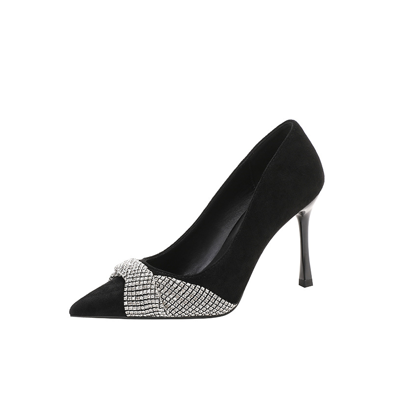 2023 Spring and Autumn New High-heeled Shoes Women's Suede Solid Color Rhinestone Decoration Thin Heel Pointed Elegant High-end All-match Single