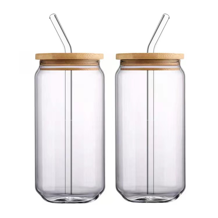 High Borosilicate Glass Bamboo Lid Single Layer Juice Cup with Straw Transparent Glass Coke Cup Large Capacity Single Layer Cup