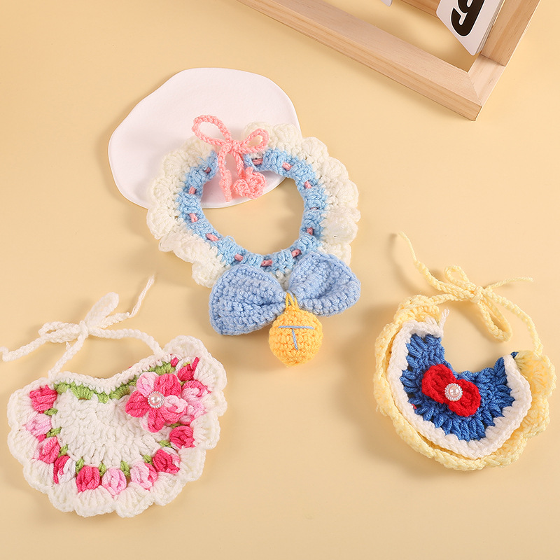 in stock cute pet scarf handmade diy knitted cat collar small dog decorative saliva towel factory wholesale